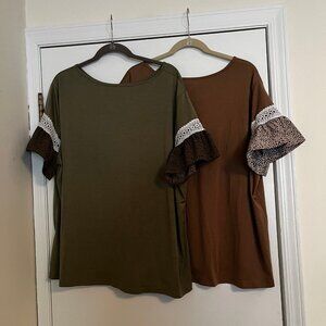 Shein Size 4xl Green & Tan Blouses with Cheetah Design on Sleeves (Bundle of 2)